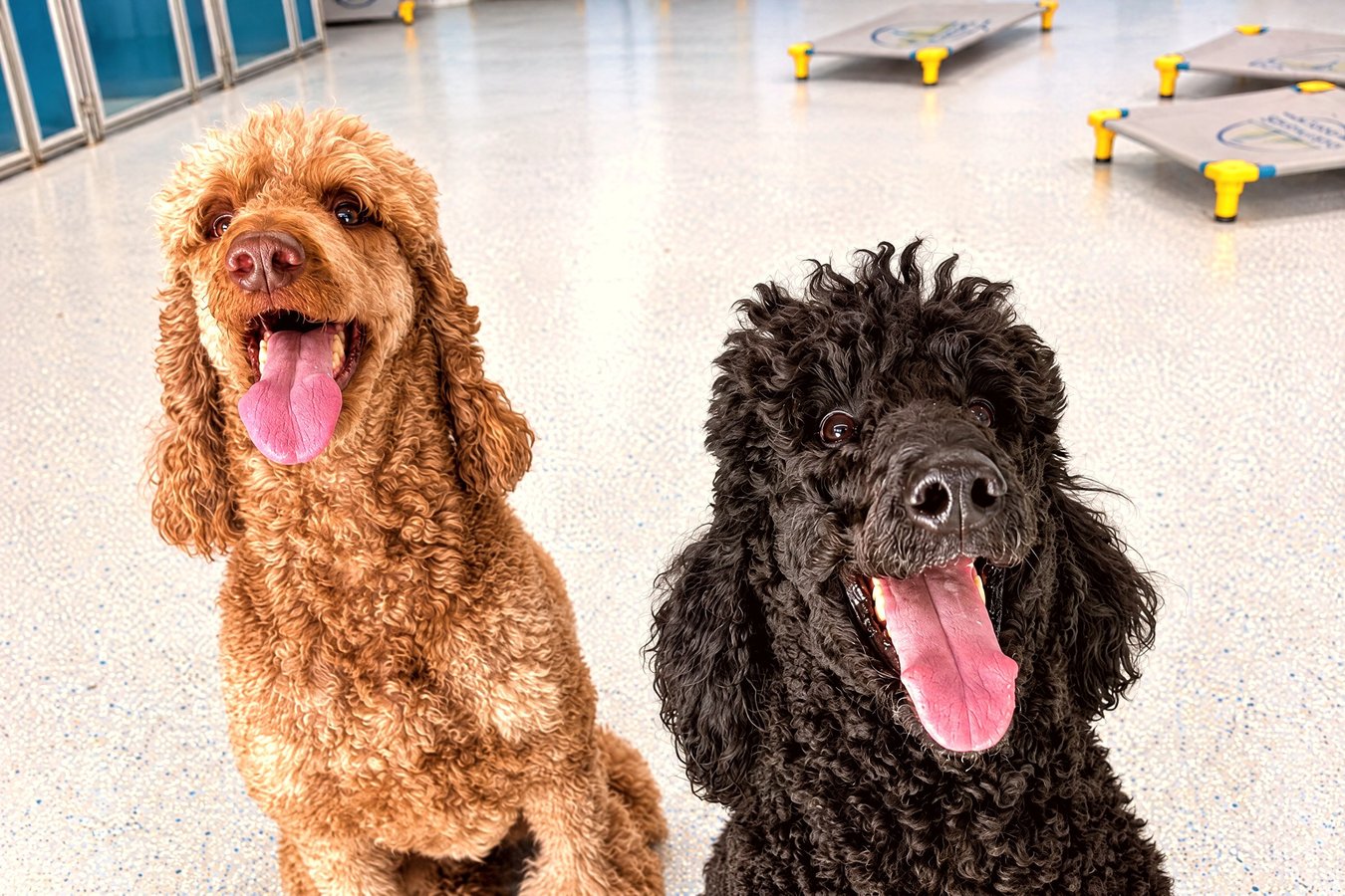 Two happy, groomed poodles sit attentively side by side on a polished training facility floor.