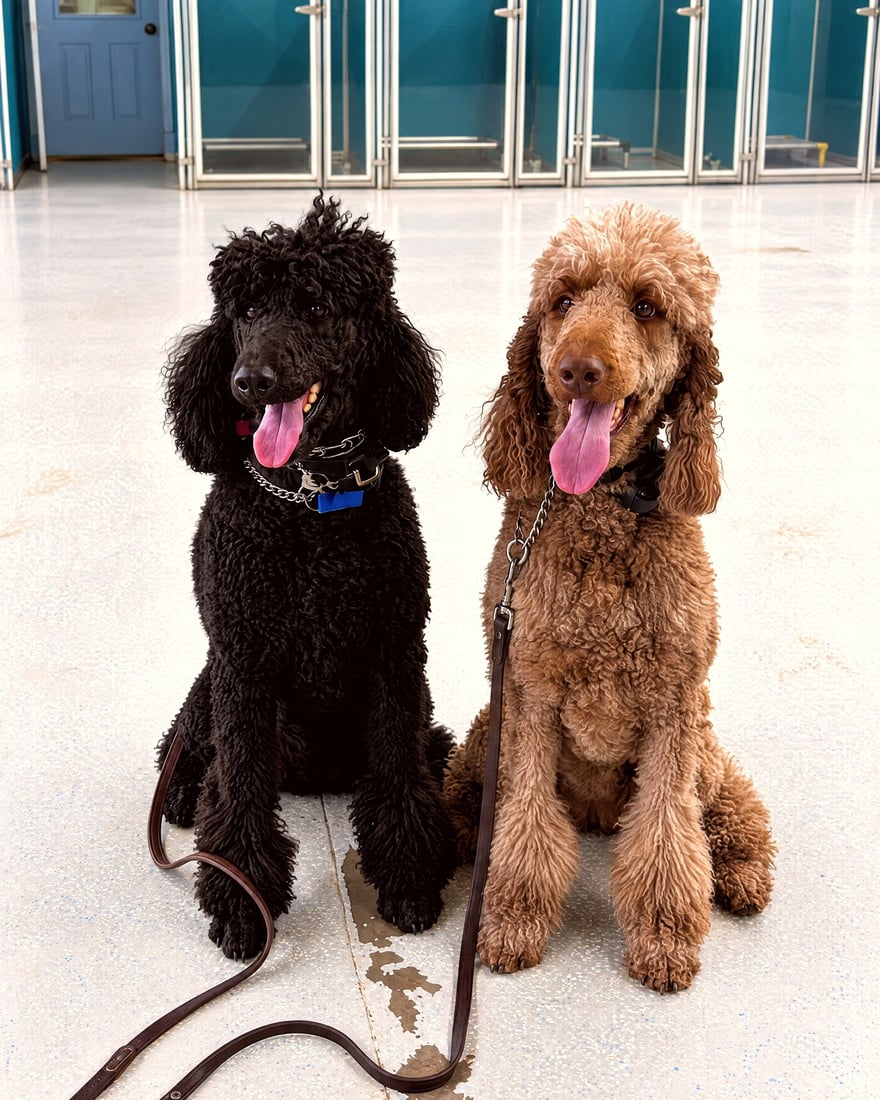 A black standard poodle and an apricot standard poodle sitting side by side indoors on leashes.
