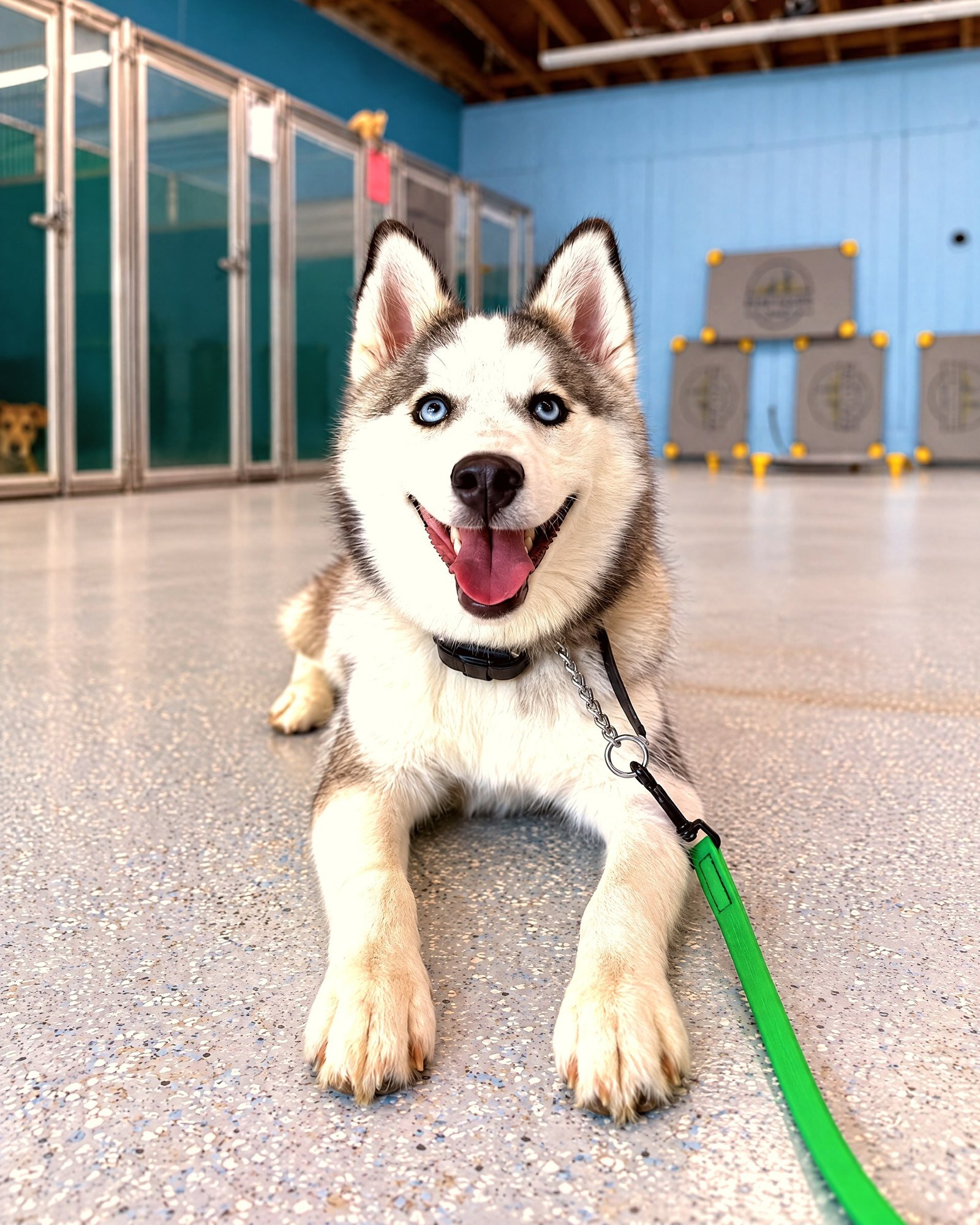 Siberian Husky puppy lying down with a green leash on an indoor training floor.