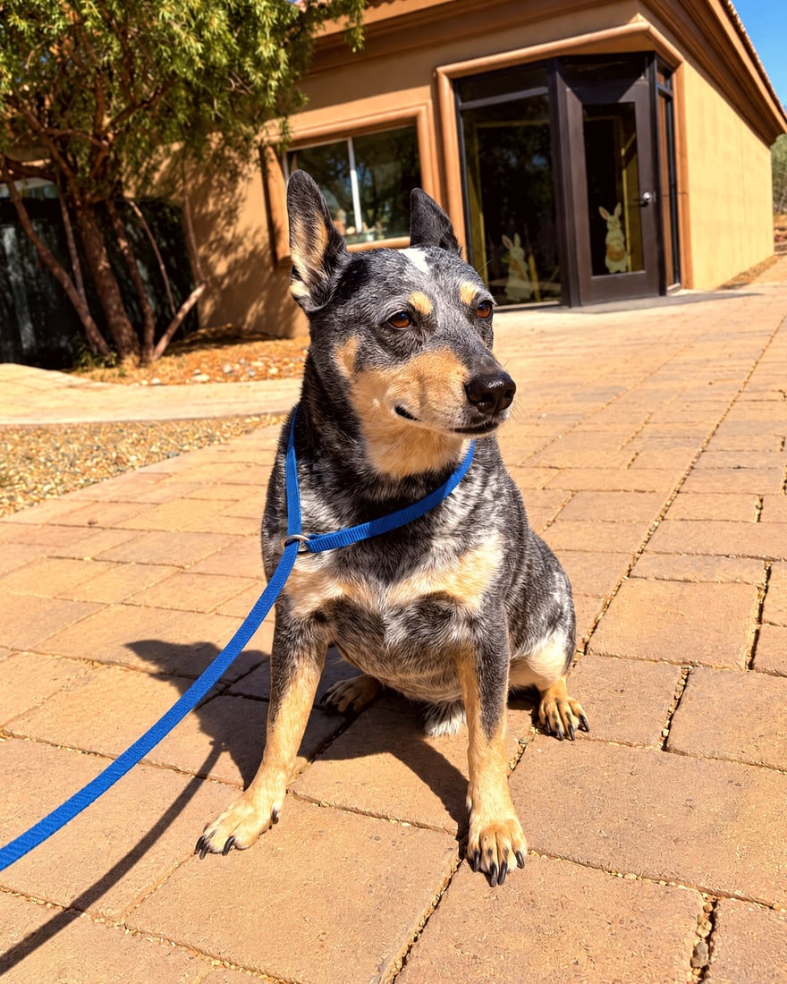 An Australian Cattle Dog sits politely on a leash on a sunny stone patio outdoors.