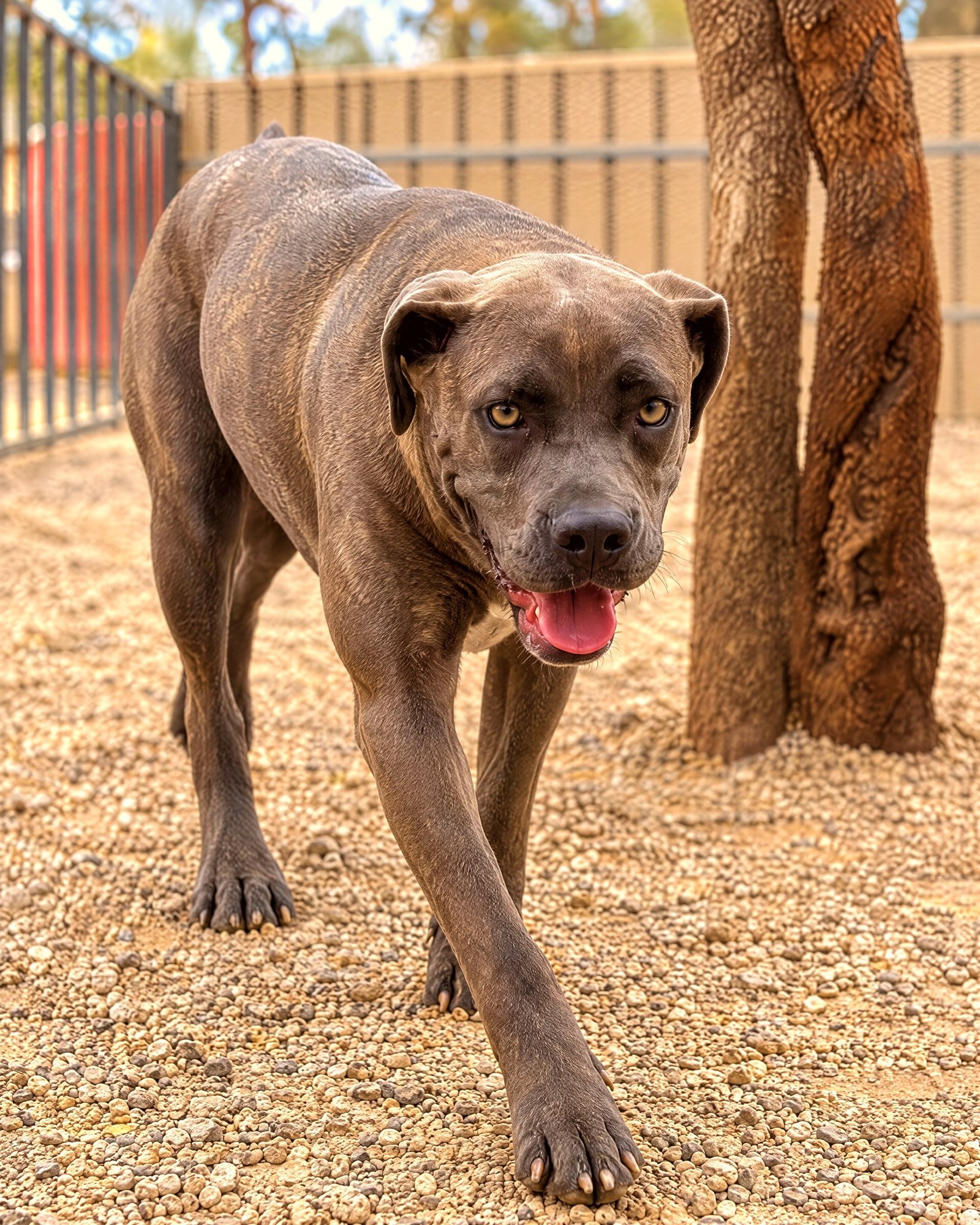 A brindle dog walks purposefully on a gravel yard next to desert trees in Cave Creek, Arizona.