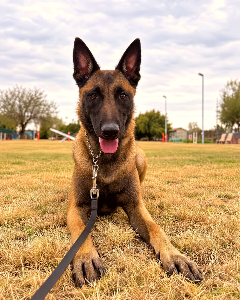 A Belgian Malinois lying down on an outdoor training field with ears perked up and tongue out.