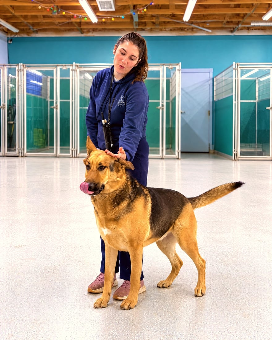 A Partners Dogs trainer gently pets and reassures a calm German shepherd mix inside a spacious indoor training room.