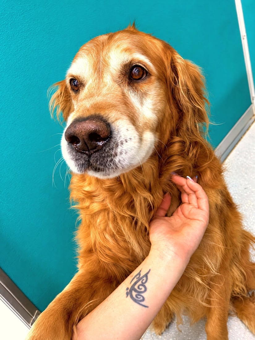 Senior golden retriever being gently stroked indoors by staff, showcasing calm individualized care.