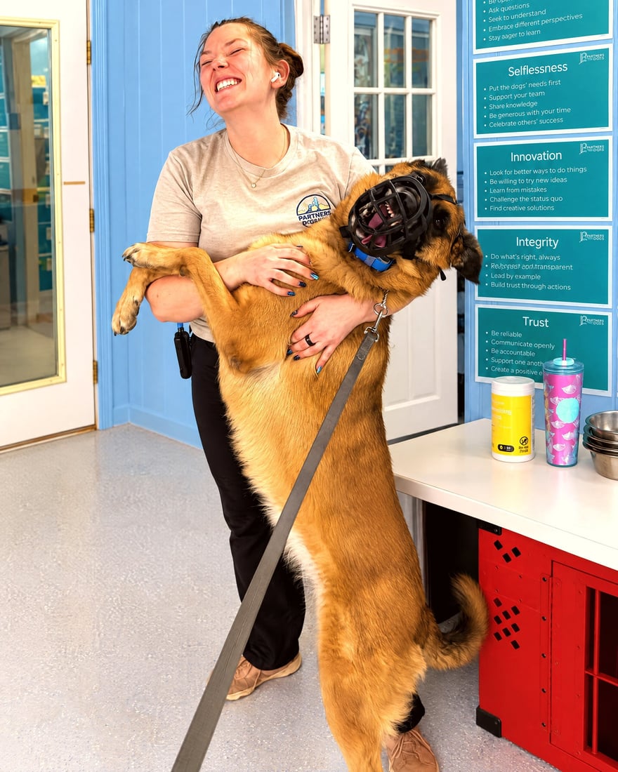 A staff trainer calmly holds a large dog wearing a basket muzzle indoors.