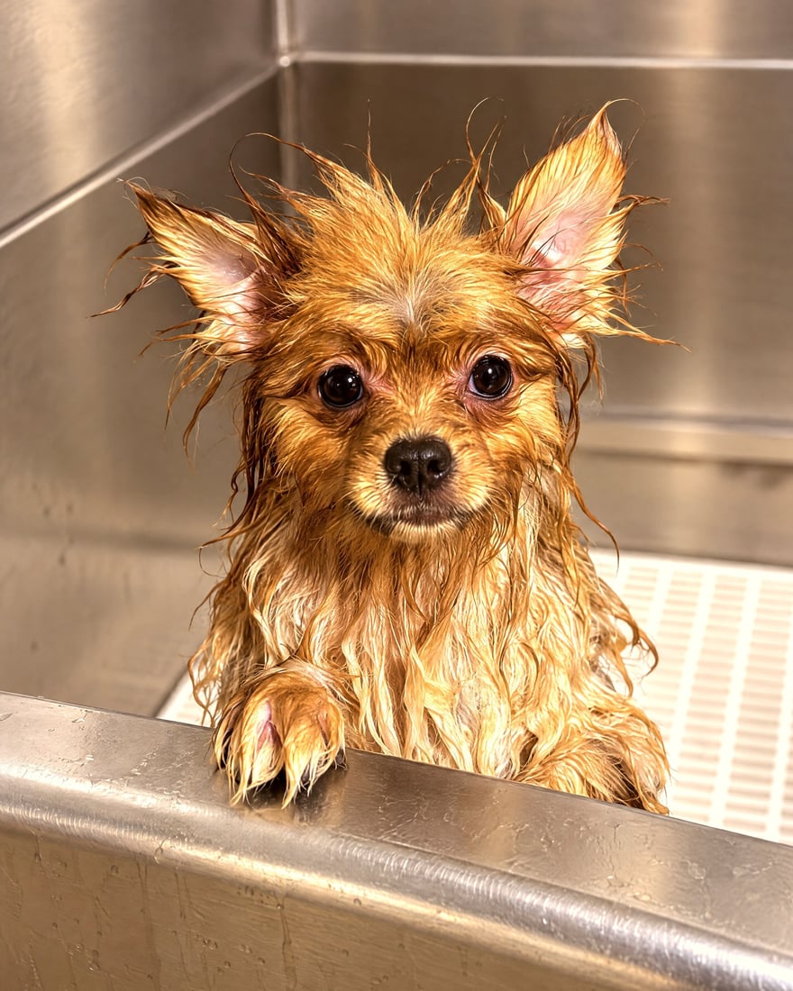 A small wet dog peers over the edge of a stainless steel grooming tub after a bath.