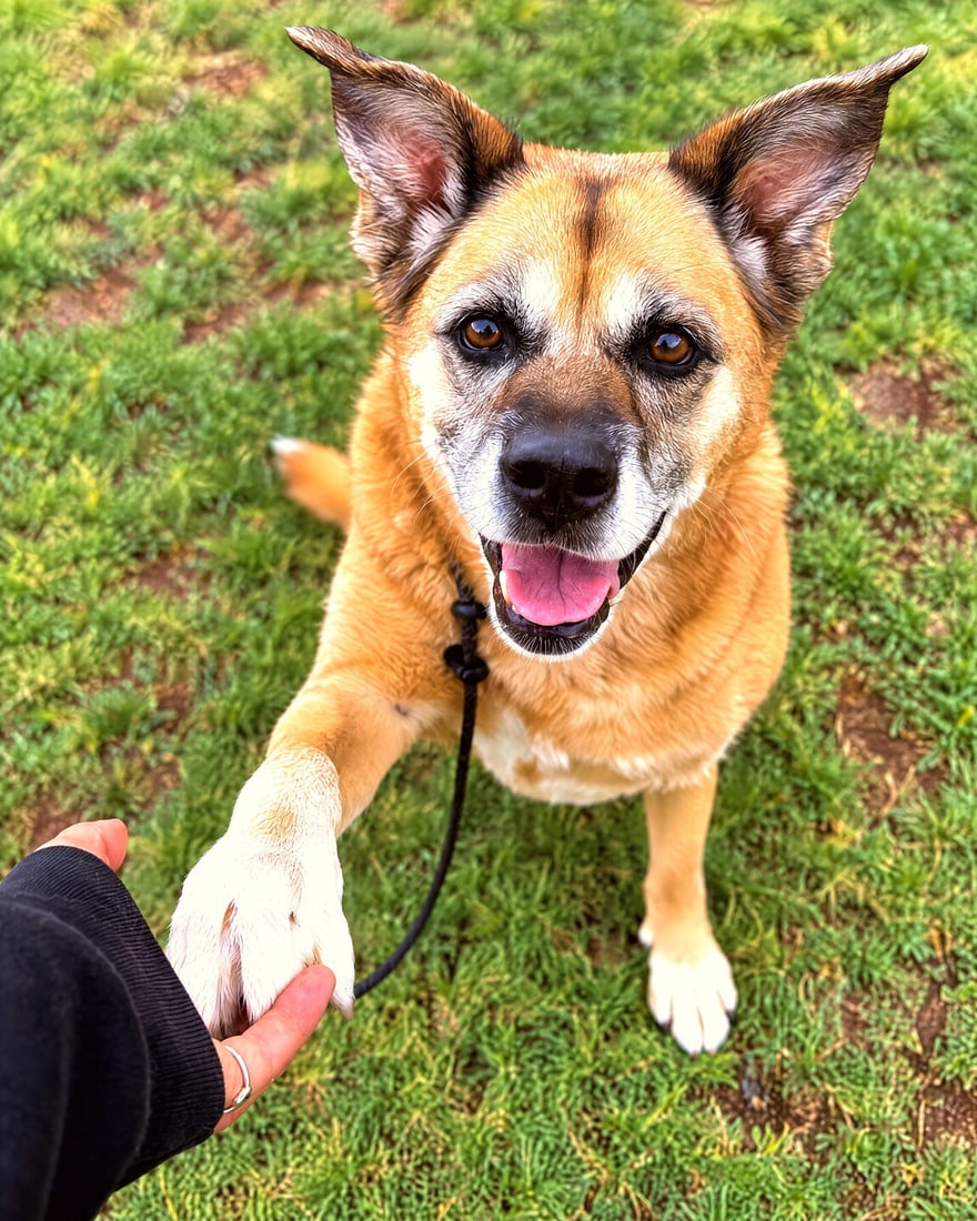 A senior tan dog places its paw in a handler's hand on the grass.