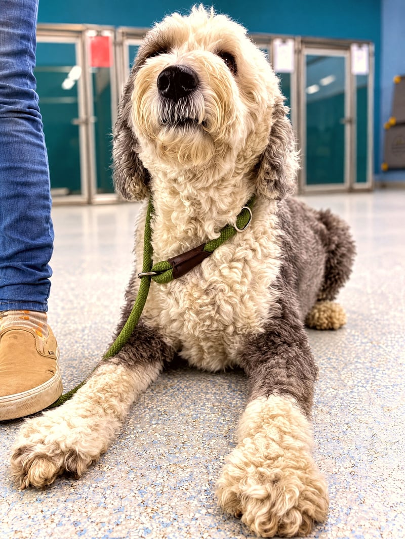 A fluffy gray and white doodle lying calmly on an indoor floor wearing a green slip lead next to a person.