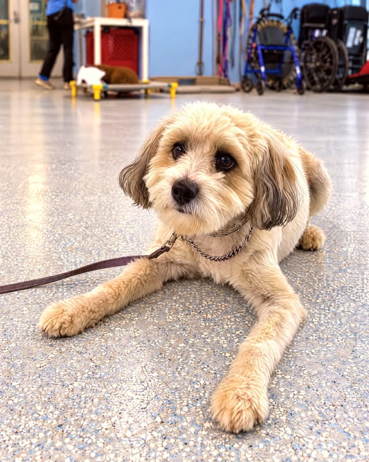 A fluffy tan doodle mix lying down attentively on an indoor speckled training room floor.