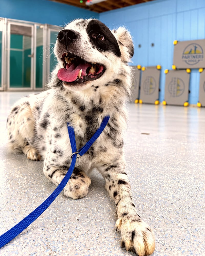 Spotted black and white dog resting attentively on a slip lead on the training room floor.