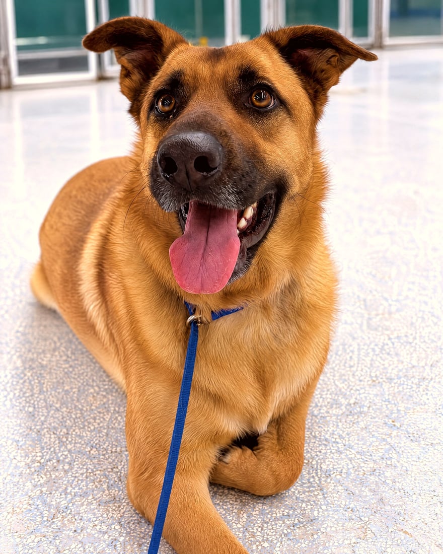 A tan German Shepherd mix dog lying down indoors on a light floor while panting happily on leash.
