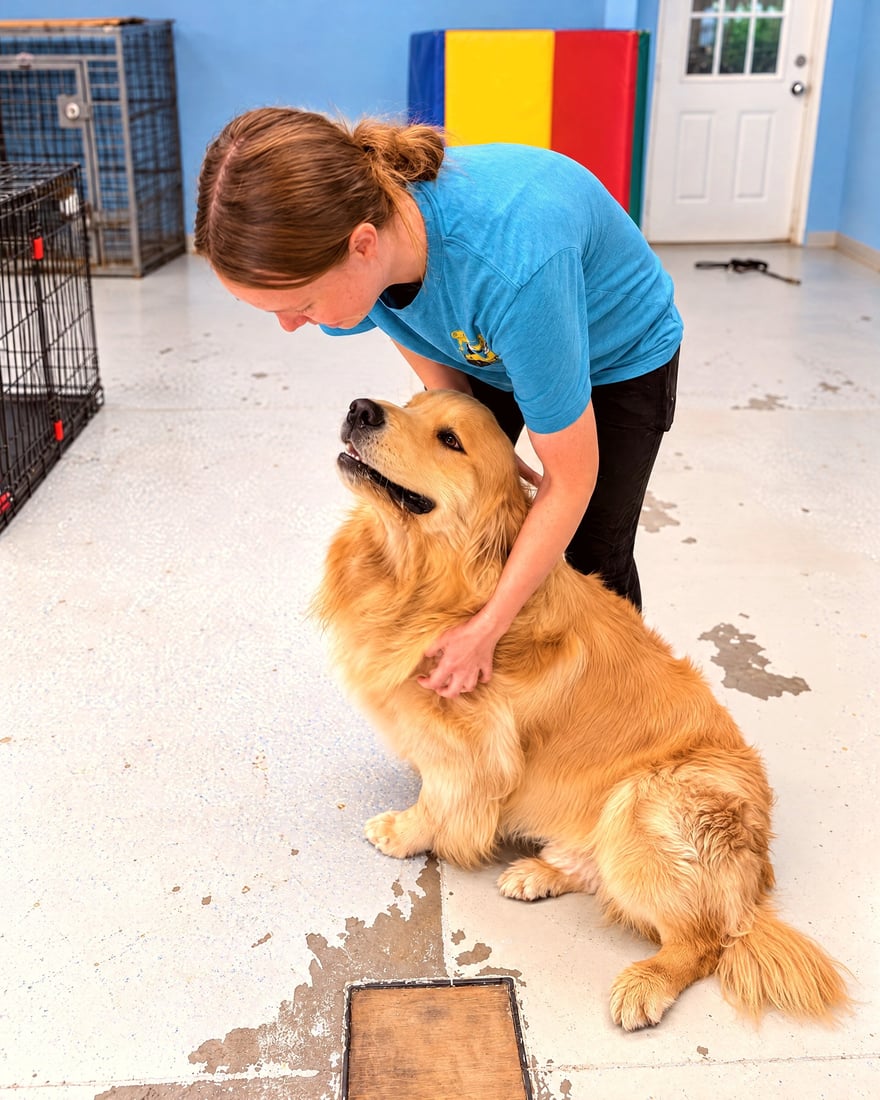 A dog trainer bends down to praise and interact calmly with a golden retriever sitting attentively indoors.