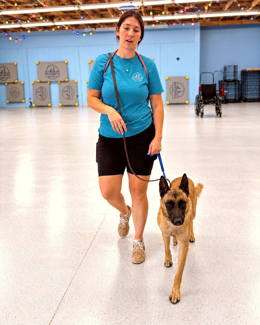A staff member in a teal uniform walks a Belgian Malinois on leash across an indoor training room.
