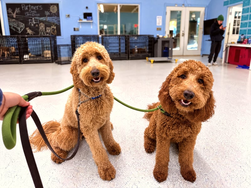 Two golden doodles sitting side by side on leash.