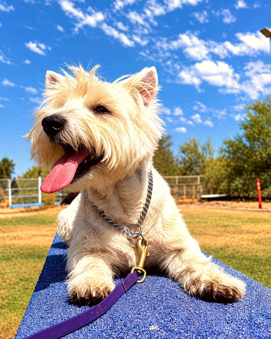 A white terrier rests on a blue outdoor training ramp under a clear blue sky on a grass field.