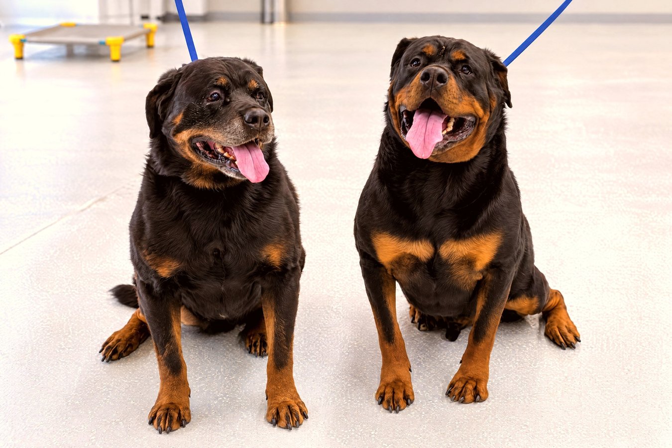 Two Rottweilers holding a focused sit-stay side by side on leashes on the indoor training floor.