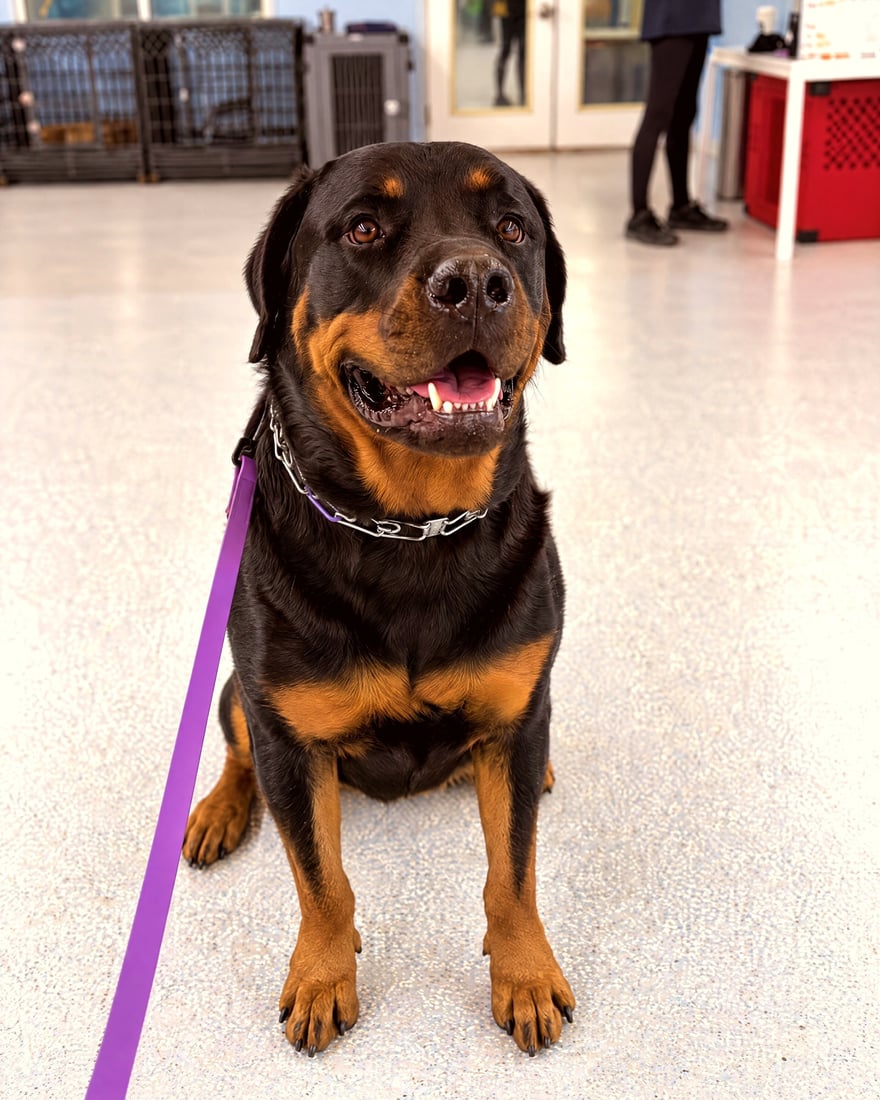 Rottweiler sitting calmly on a purple leash in a spacious indoor dog training room.