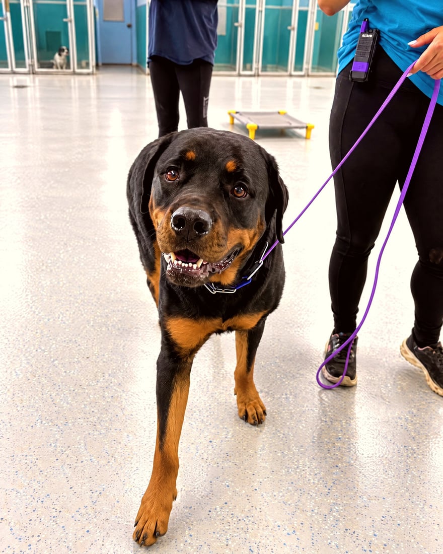 A Rottweiler stands on leash beside a trainer in the bright indoor training room.