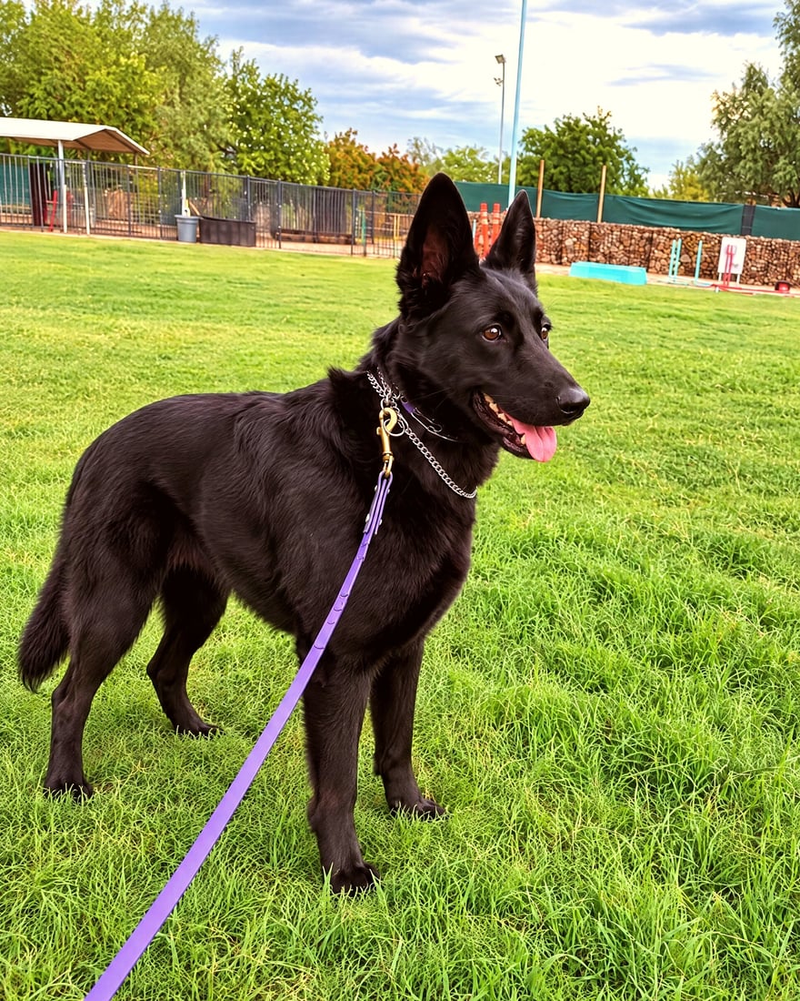 A black German Shepherd on a purple leash stands on the open grass training field at the Cave Creek campus.