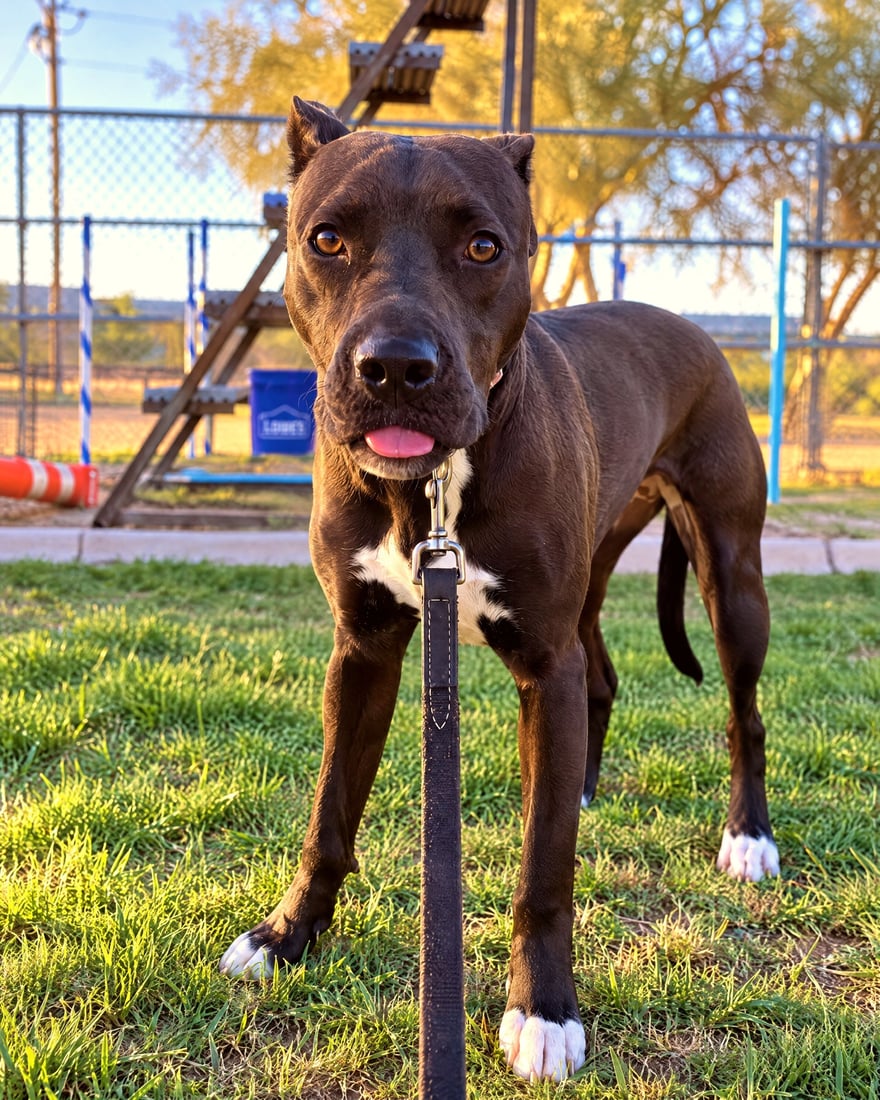 A dark brown pit bull mix stands focused on leash on a grass training field with agility gear in the background.