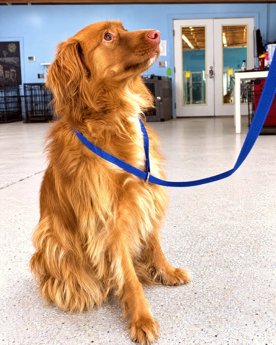 A golden dog on a blue training lead sits attentively looking up in an indoor training facility.