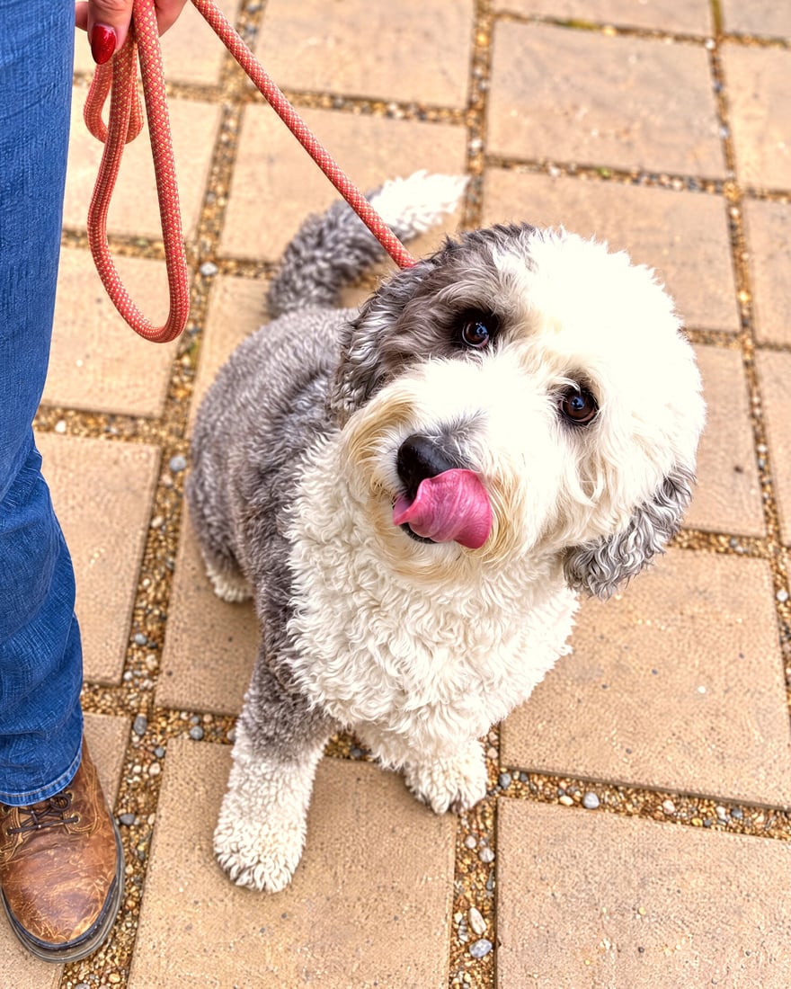 A fluffy doodle sits calmly on leash beside a handler on a paved training patio.