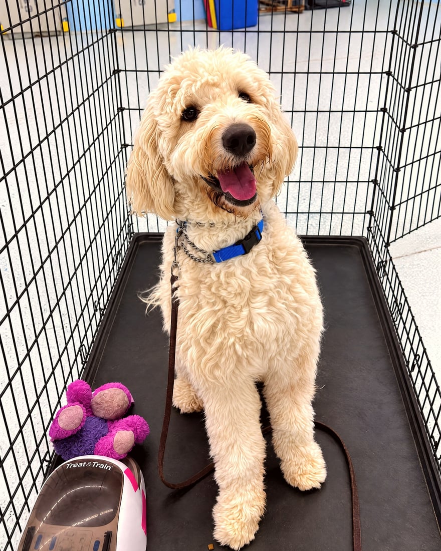 A golden doodle sitting calmly inside an open training pen next to a treat dispensing machine.