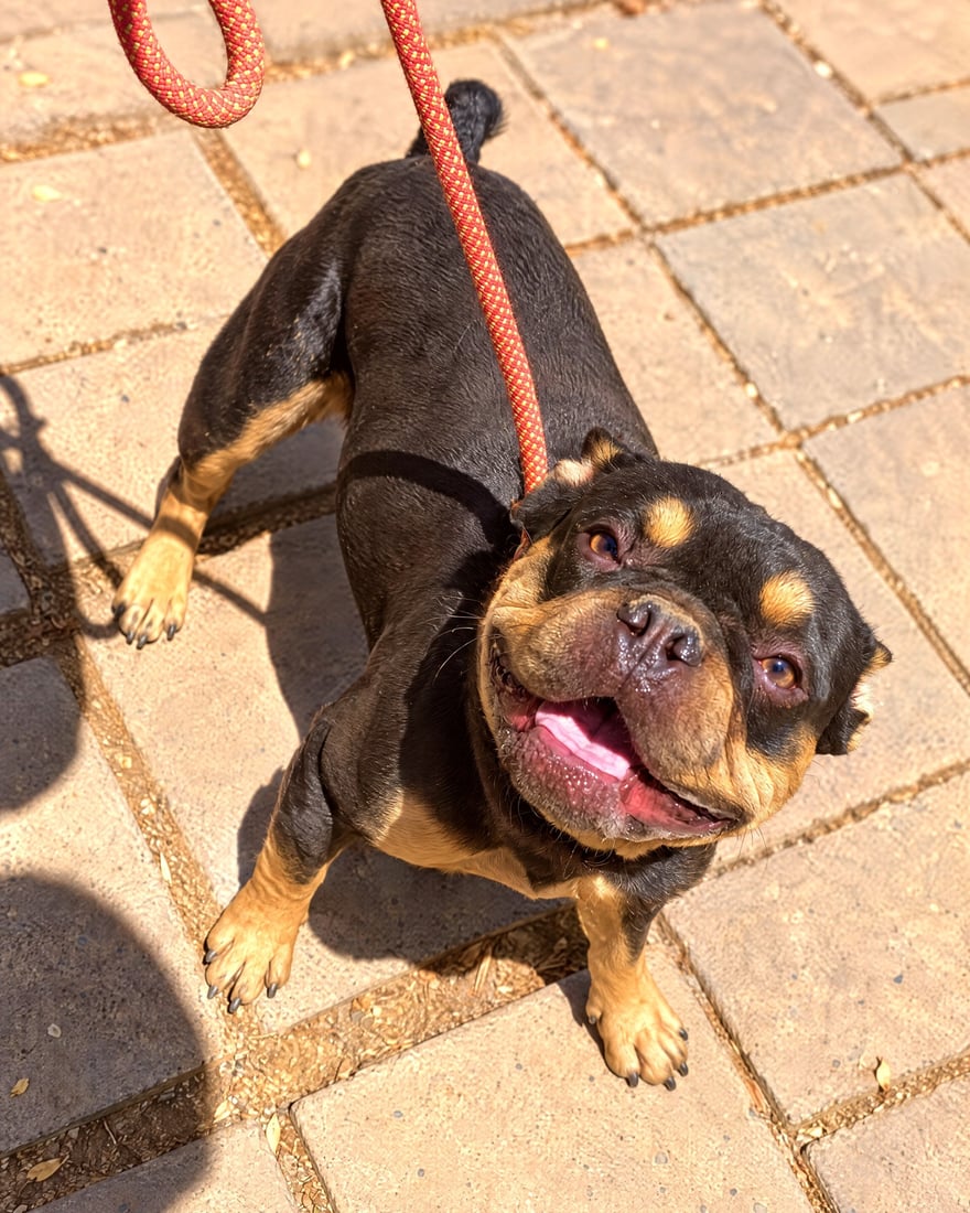 A small black and tan dog on a red leash stands on sunlit outdoor stone pavement.