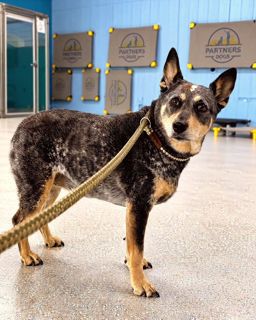 An Australian Cattle Dog stands attentively on leash on an indoor training floor.