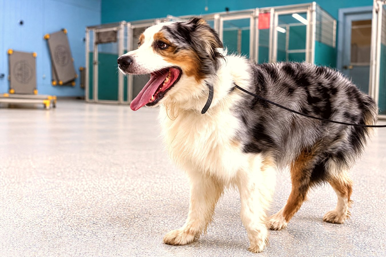 An Australian Shepherd stands attentively on leash in an indoor training and boarding room.