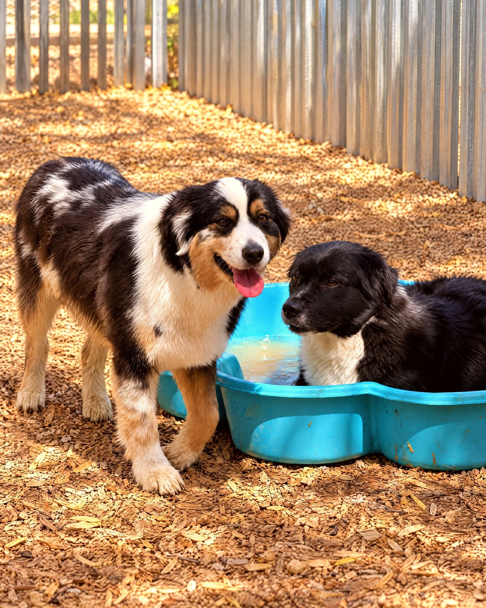 Two dogs cooling off in a blue wading pool in an outdoor yard during Arizona summer.