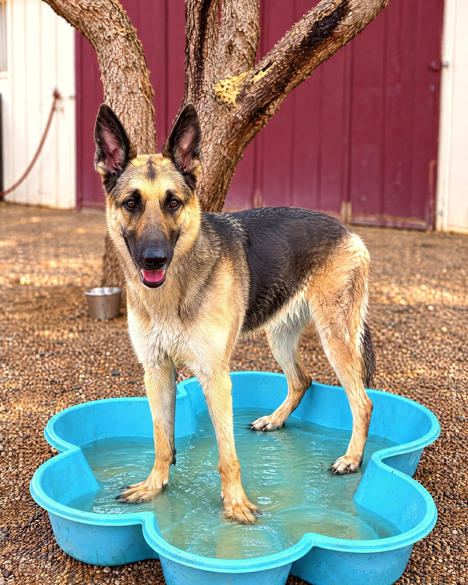 A German Shepherd dog standing in a shallow blue plastic pool on a gravel yard outdoors.
