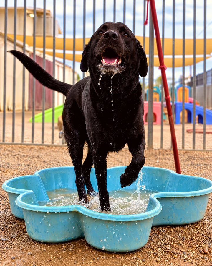 A black Labrador Retriever splashing happily in a shallow blue pool in an outdoor yard.
