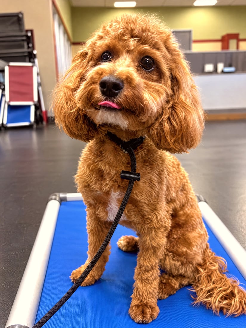 A small curly-coated brown puppy wearing a slip lead sits calmly on a blue training cot indoors.