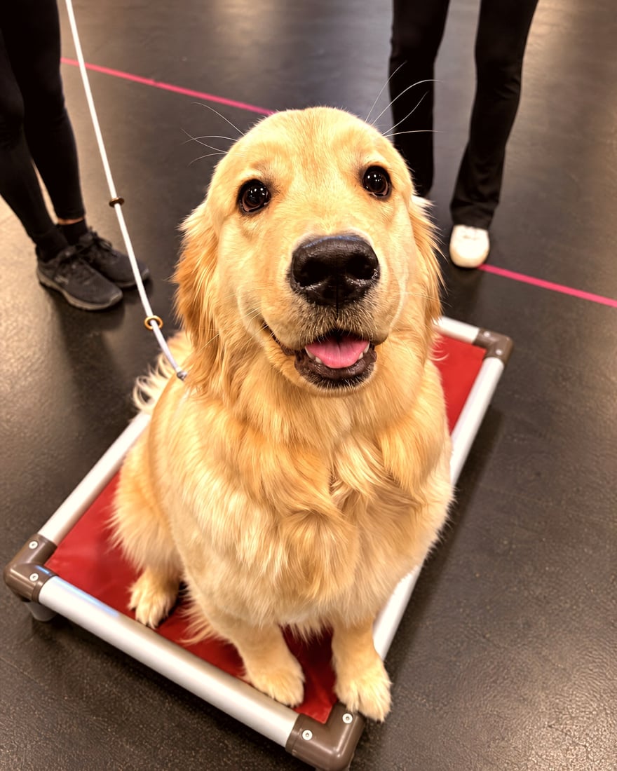 A golden retriever sits calmly on a red place cot beside trainers.