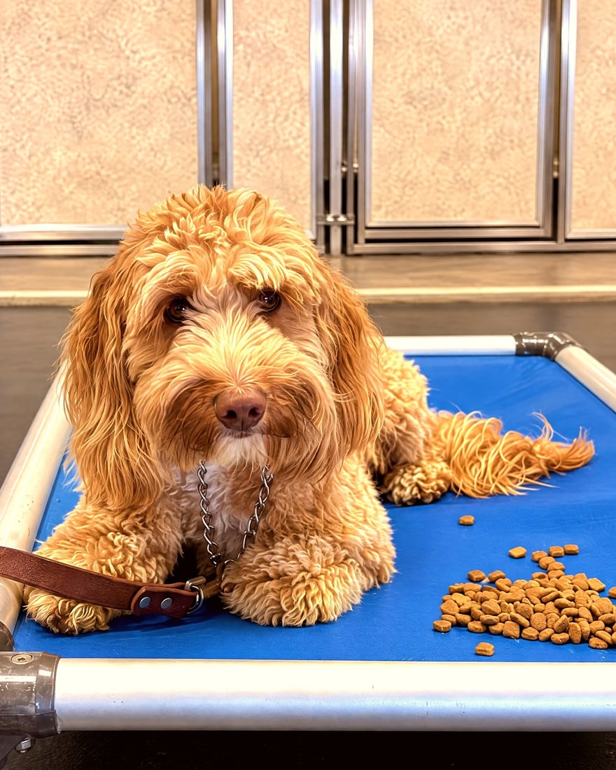 A golden doodle practicing impulse control and place training on an elevated cot next to a pile of kibble treats.
