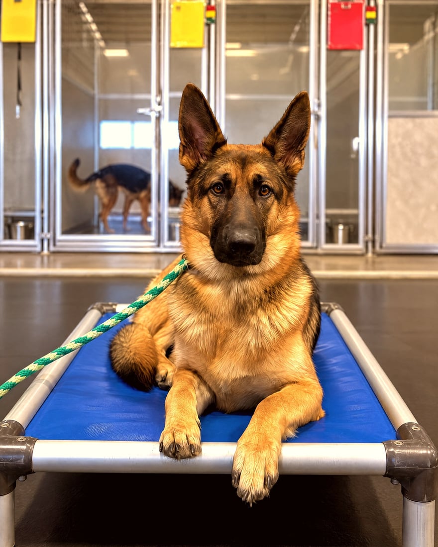 German Shepherd resting calmly on a blue training cot inside the Scottsdale training facility.