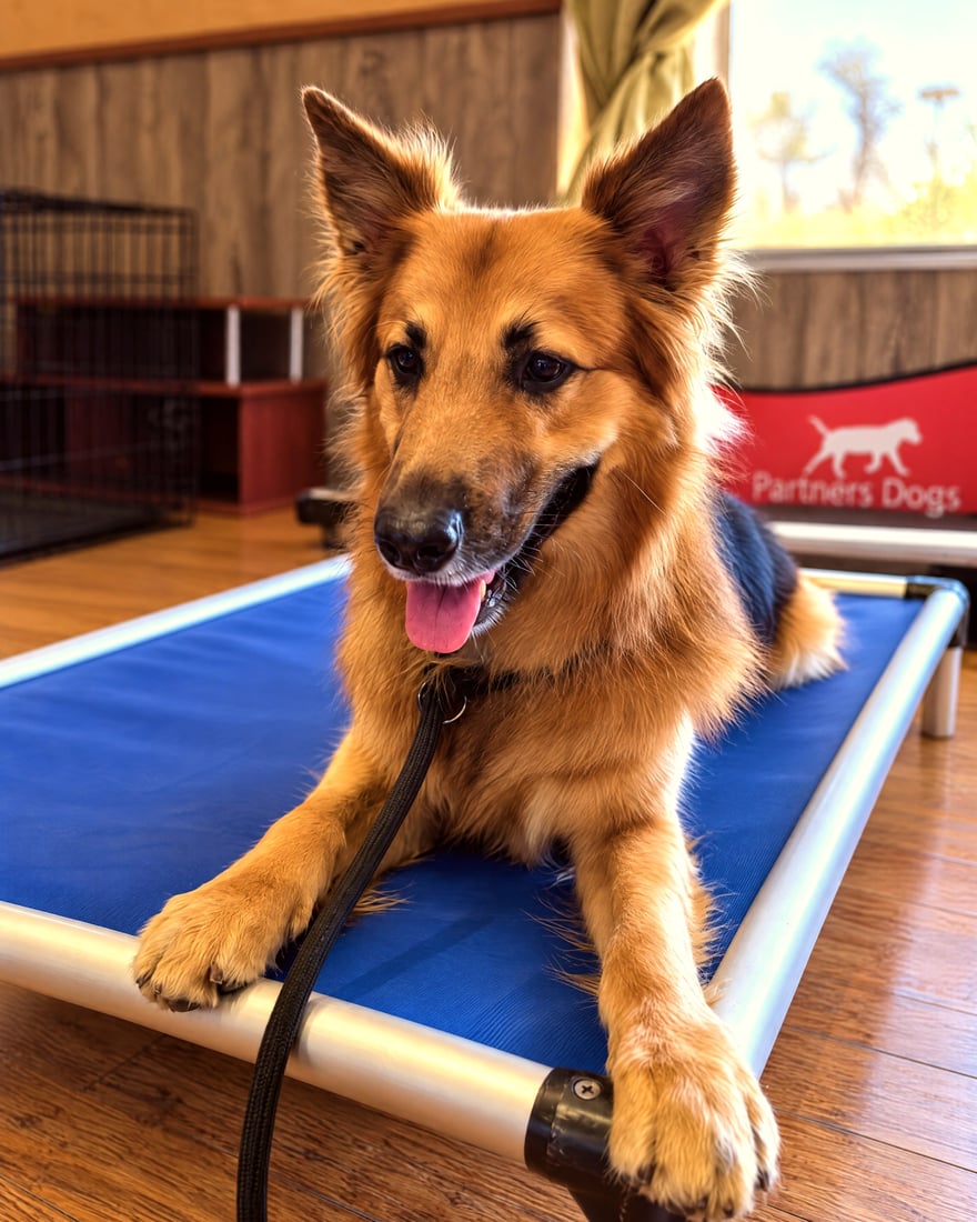 Fluffy German Shepherd mix resting calmly on a blue elevated cot indoors.