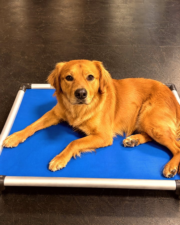 Golden retriever lying down calmly on a blue training cot inside a training facility.