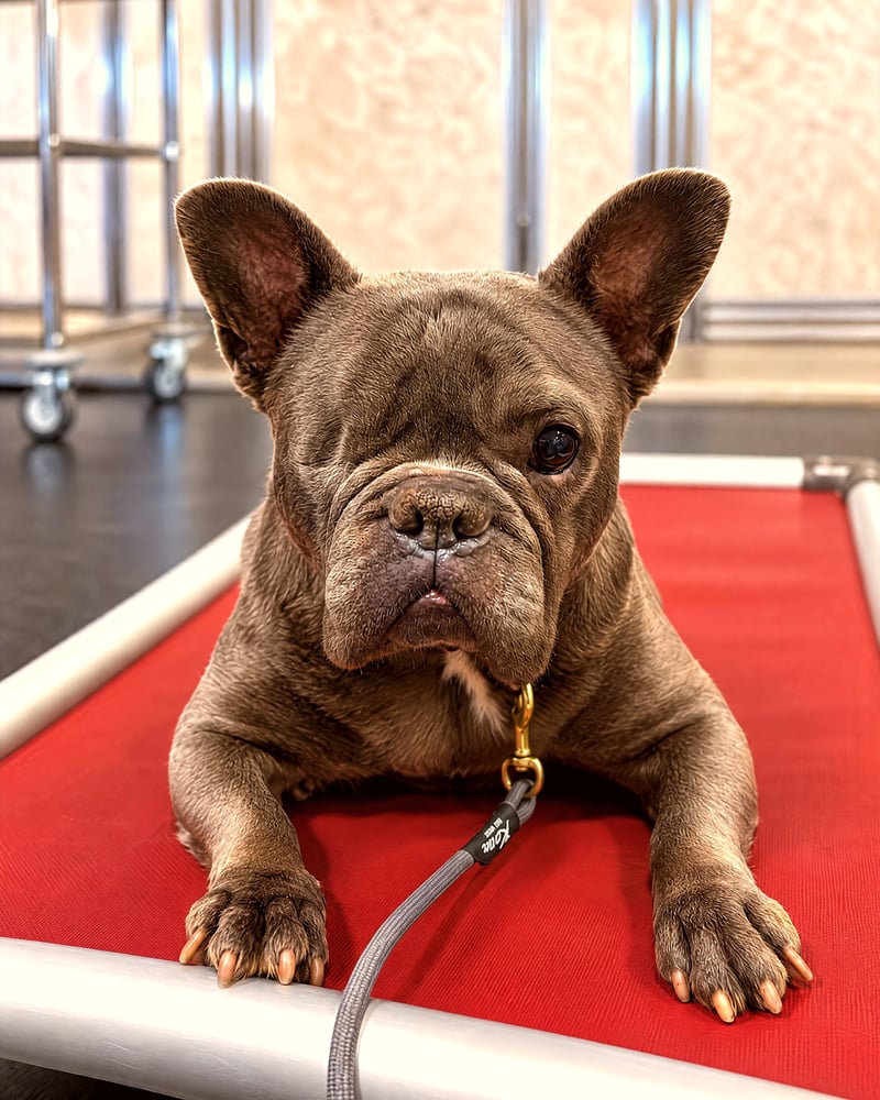 A one-eyed French bulldog resting calmly on a red raised cot indoors on a leash.
