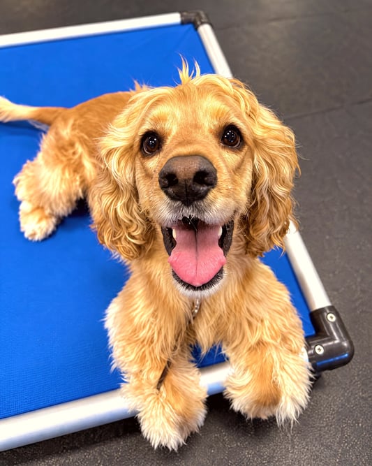 A golden Cocker Spaniel lying on a blue elevated cot on an indoor training floor with a happy expression.