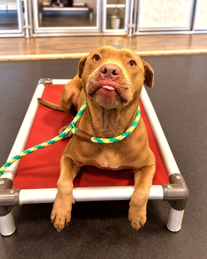 A brown pit bull terrier lying calmly on a red elevated cot during indoor training.