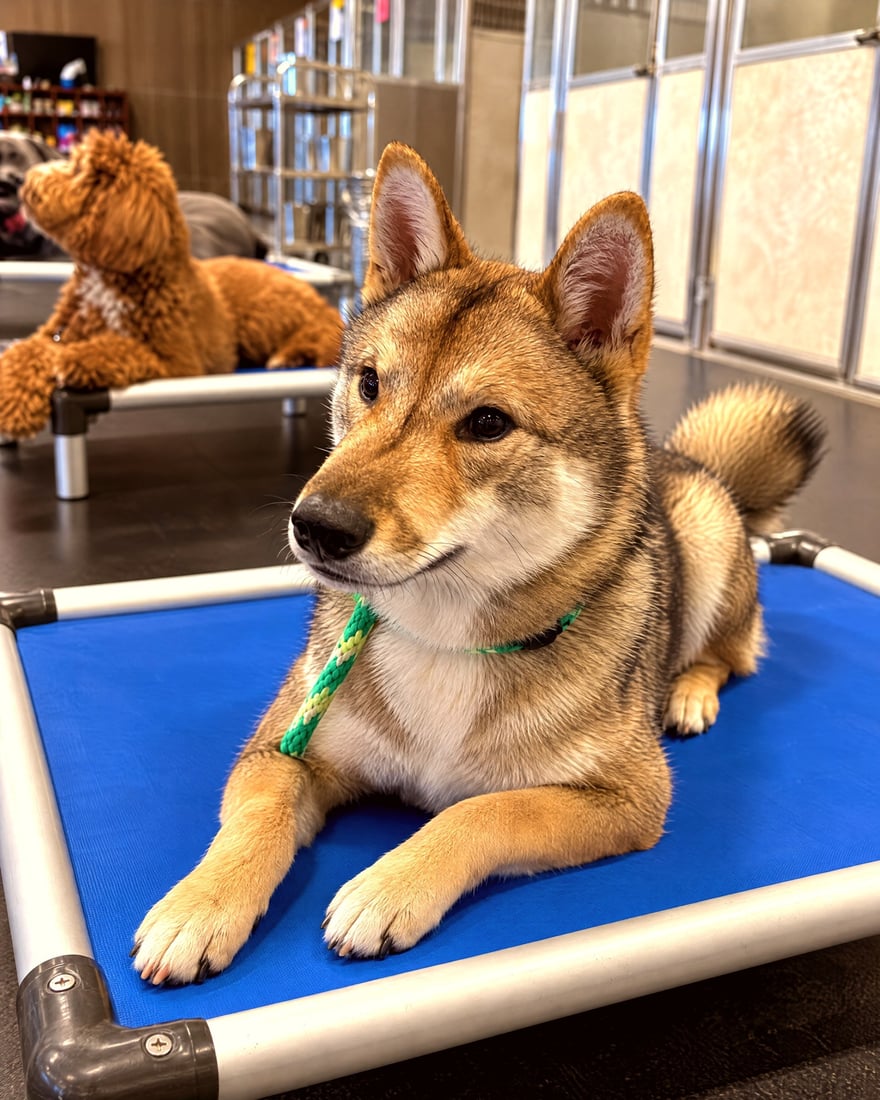 A Shiba Inu resting on a blue cot inside the Scottsdale training facility with boarding suites visible behind.