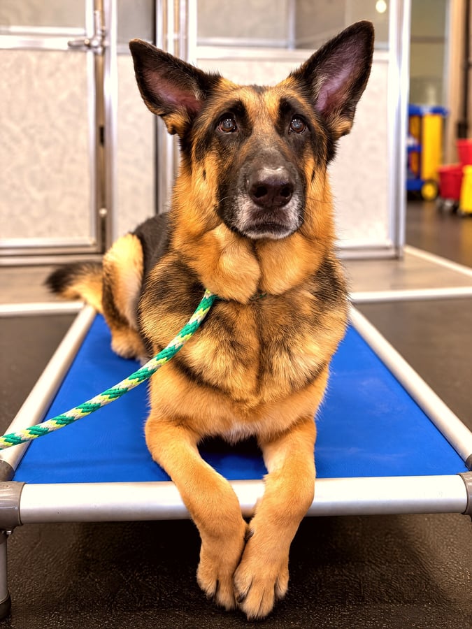 A German Shepherd calmly holds an attentive down stay on an elevated training cot indoors.