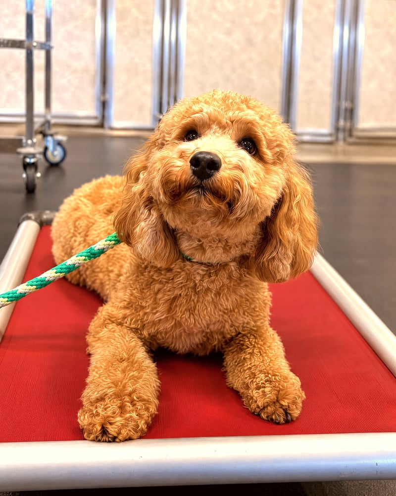 A golden doodle dog in a calm down-stay on a raised red cot during training indoors.