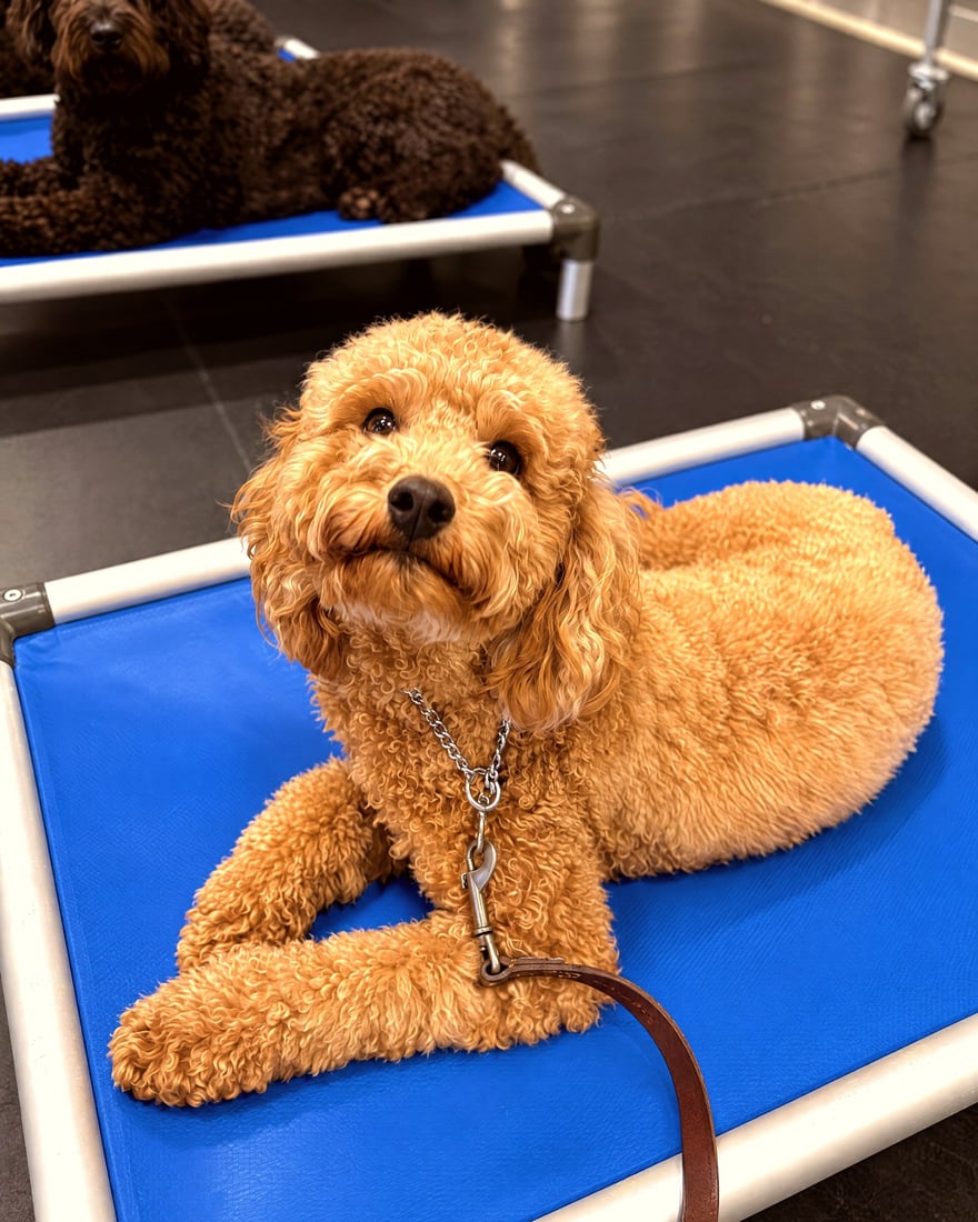 A golden doodle holds a calm down stay on a blue raised place cot during training inside a facility.