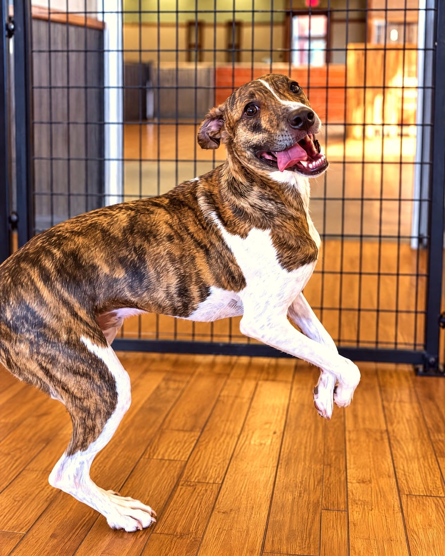 A brindle and white dog leaping playfully across an indoor wood-look training floor.