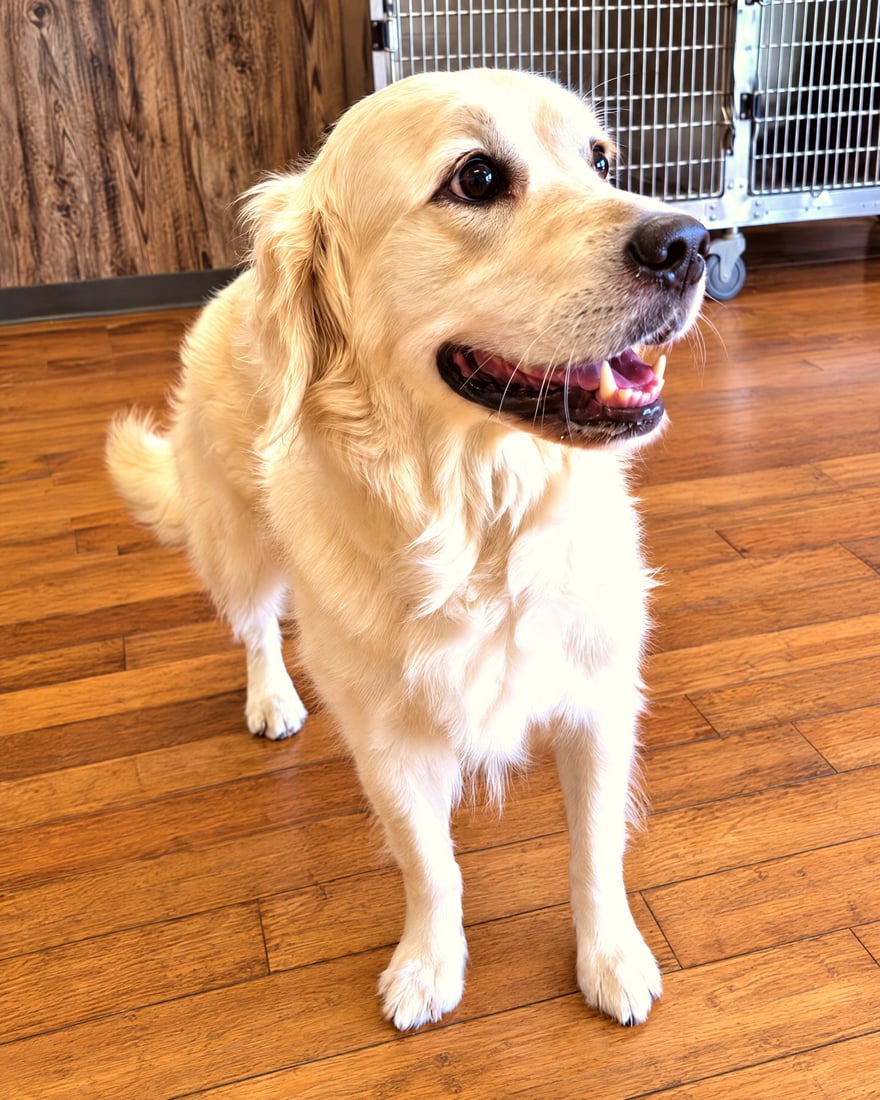 A golden retriever standing on a wooden floor inside an indoor facility with crates in the background.