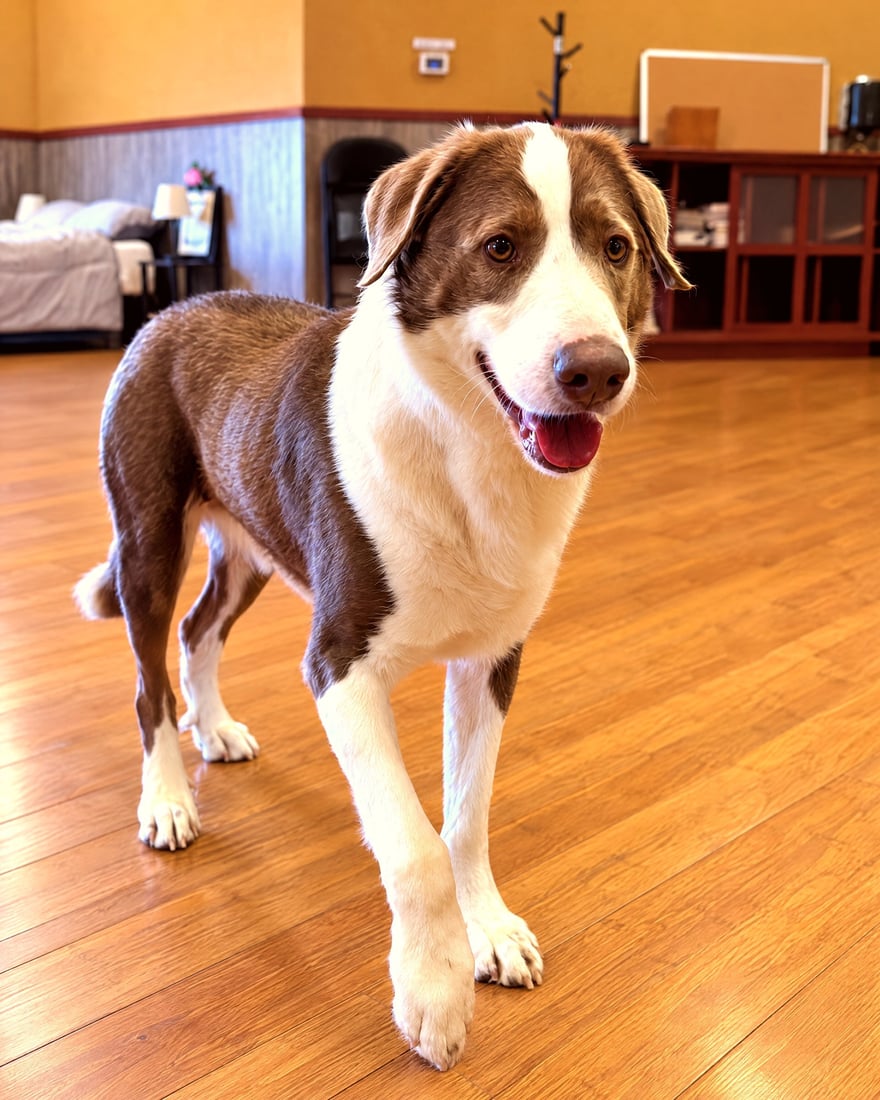 A brown and white shepherd mix standing on a wood-look floor inside a boarding suite.