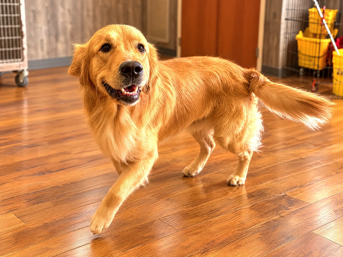 A happy Golden Retriever trots across a wood laminate floor in an indoor dog facility.